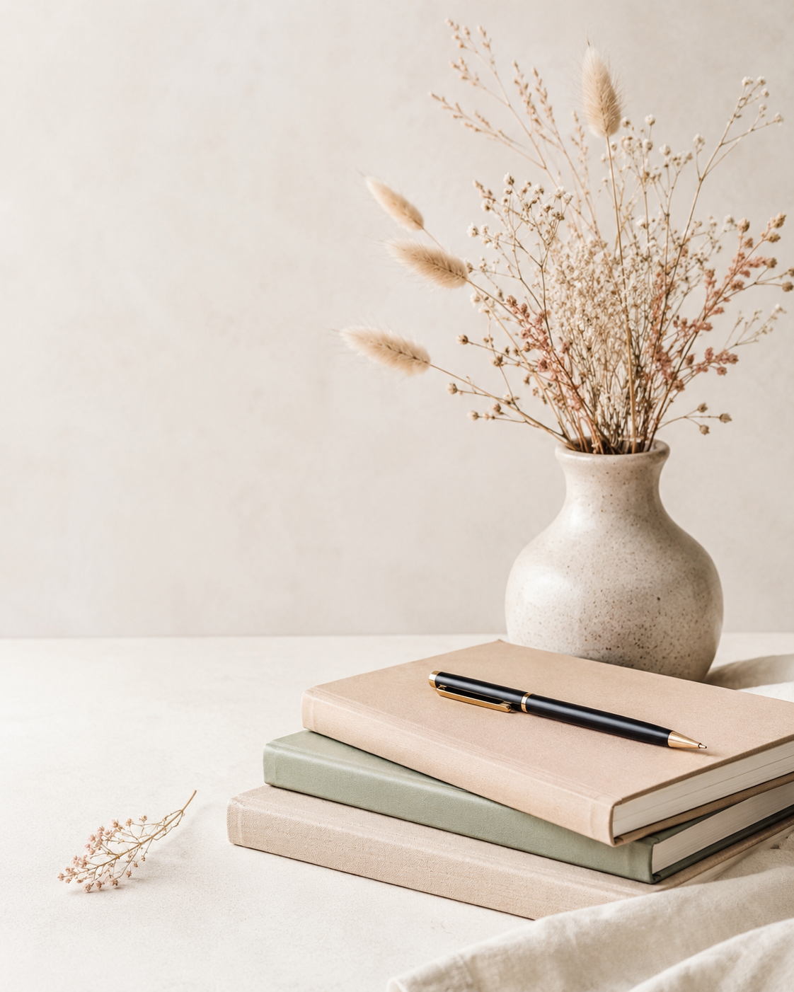 Livres, stylo et fleurs séchées sur une table claire