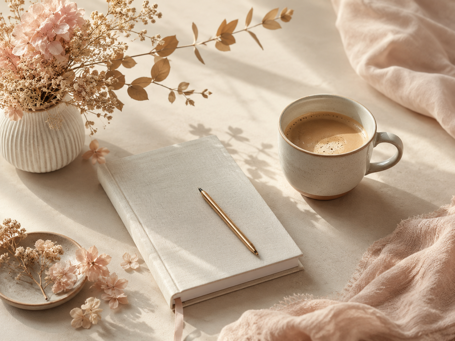 Carnet, café et fleurs sur un bureau clair