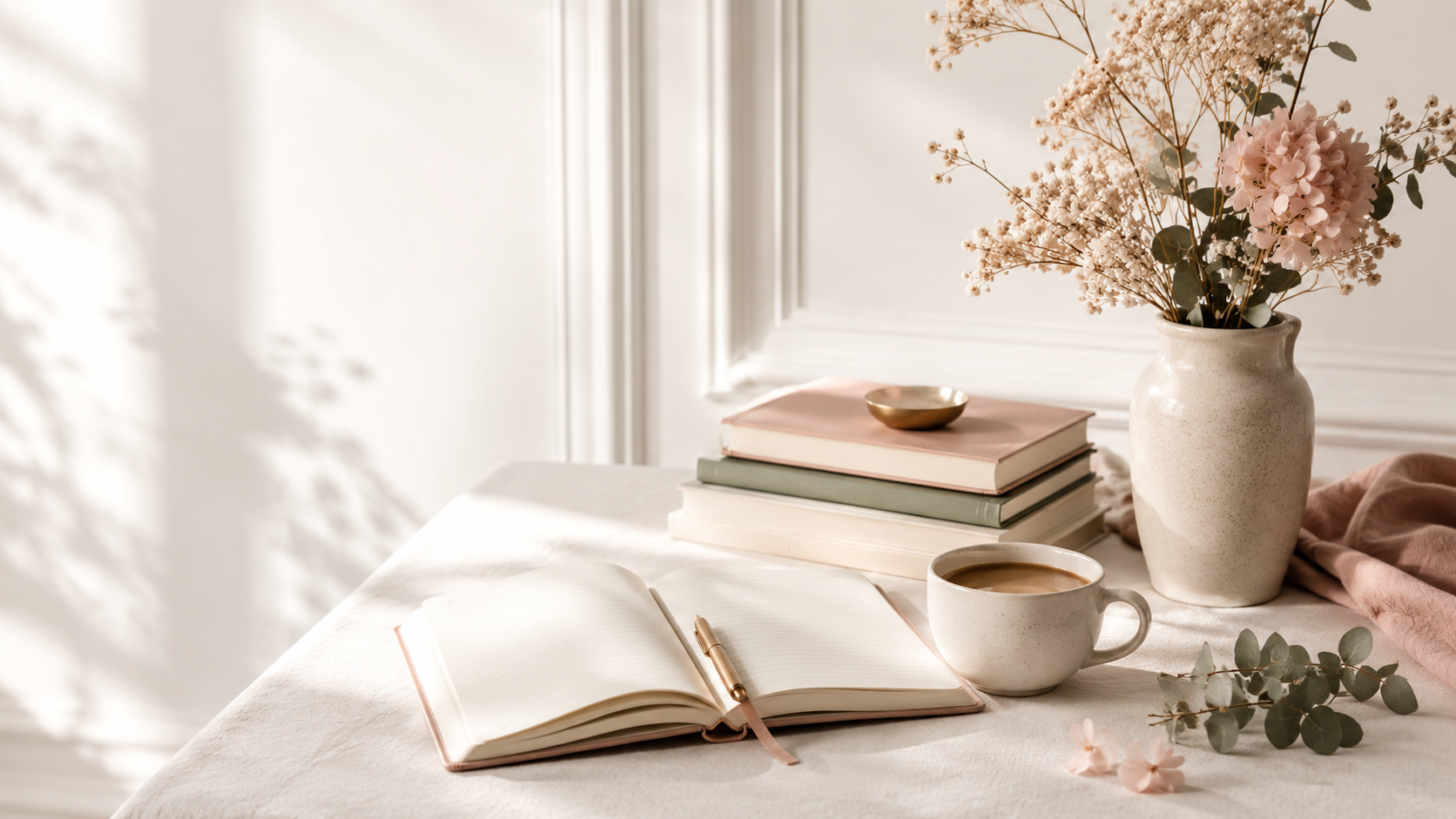 Carnet ouvert, livres et tasse sur un bureau lumineux