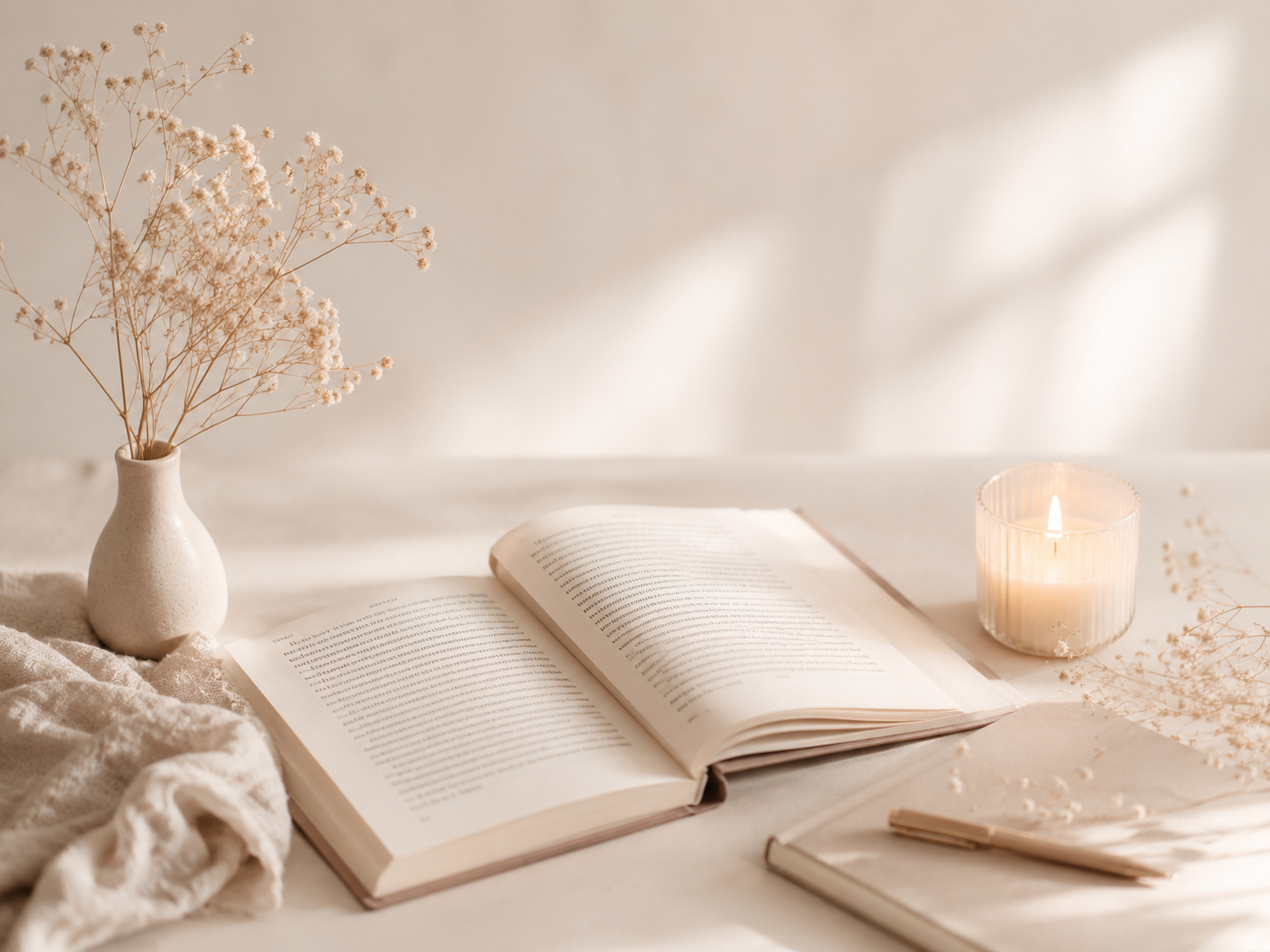 Livre ouvert, fleurs séchées et bougie sur une table claire