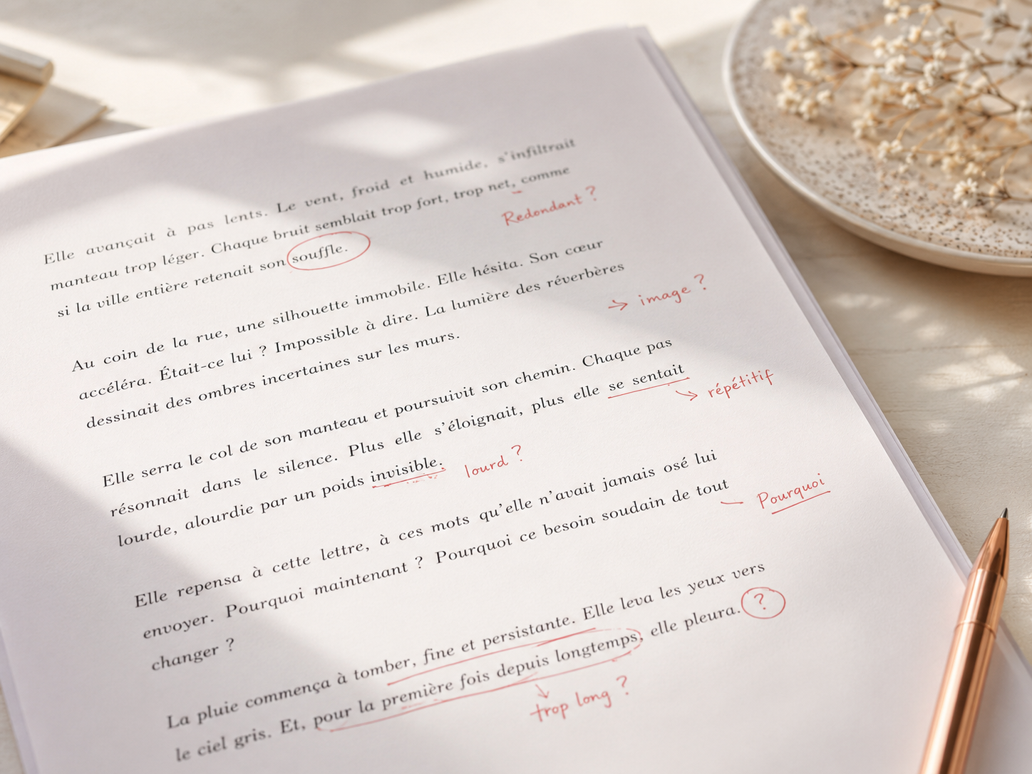 Page de manuscrit annotée avec des corrections rouges
