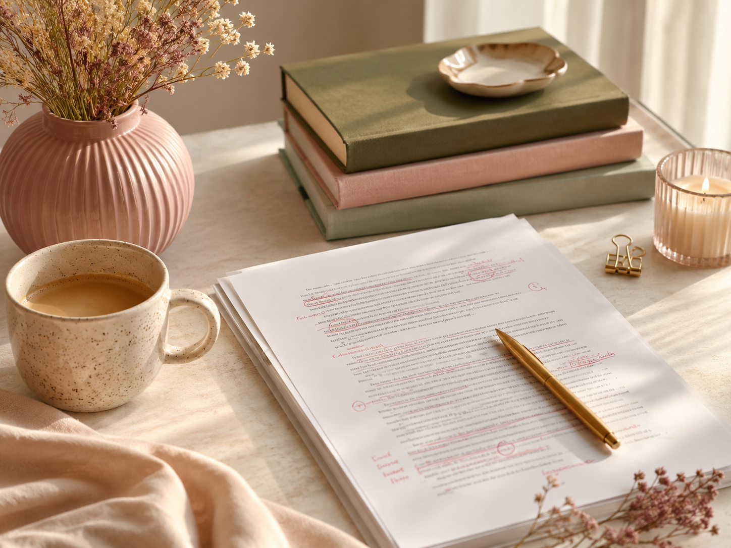 Manuscrit annoté, livres, tasse et fleurs séchées sur un bureau clair