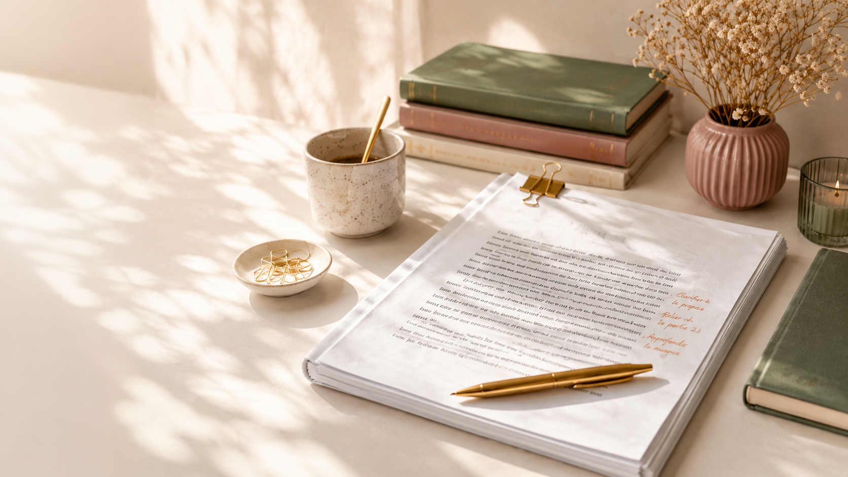 Manuscrit annoté, livres, tasse et fleurs séchées sur un bureau clair