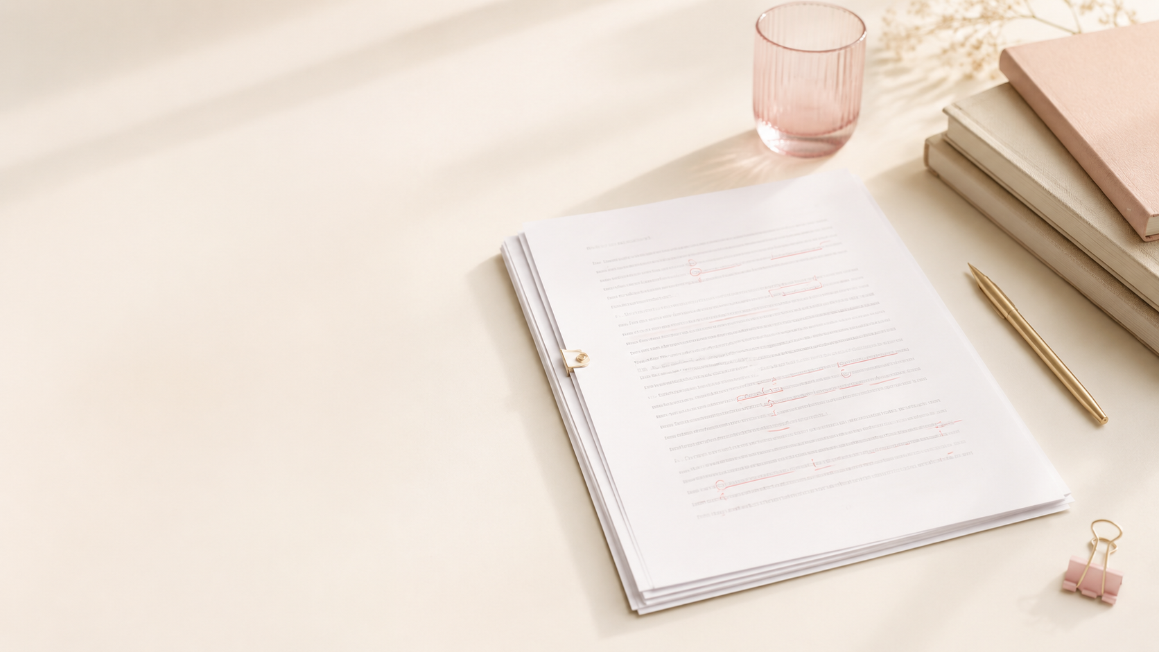 Manuscrit corrigé avec annotations rouges sur un bureau clair