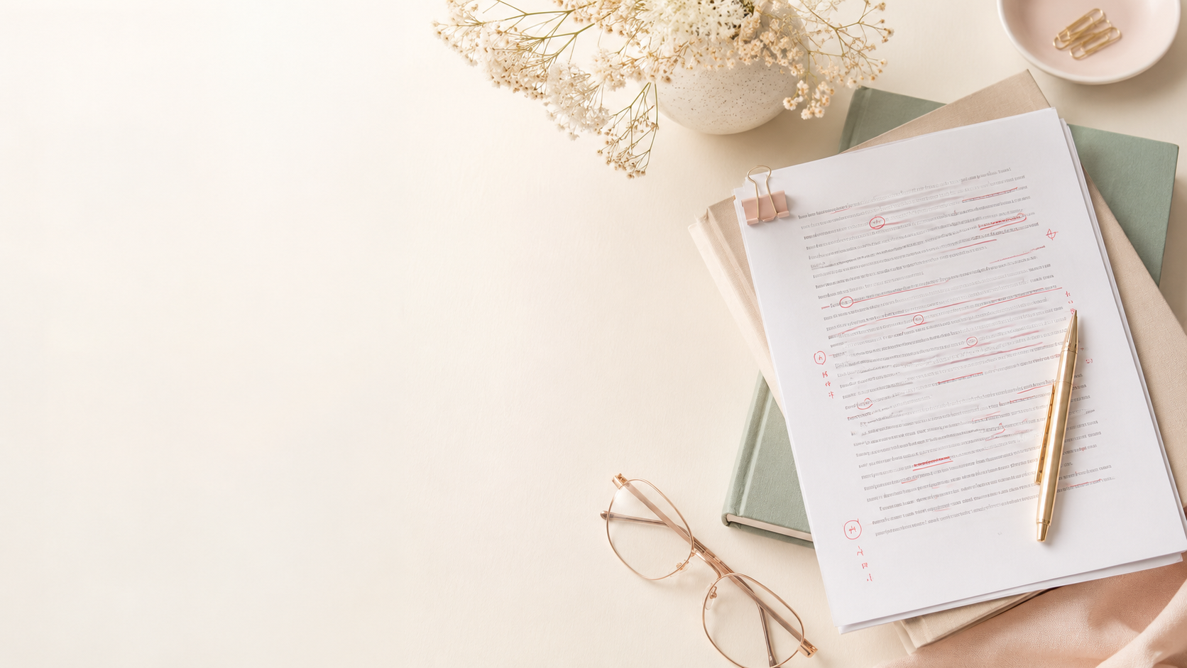Manuscrit corrigé, livres et plume sur un bureau clair